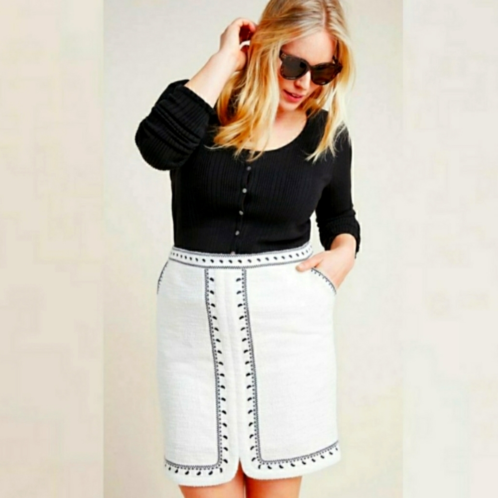 Anthropologie Dolan Tulley textured embroidered mini skirt 1X ivory w/blk